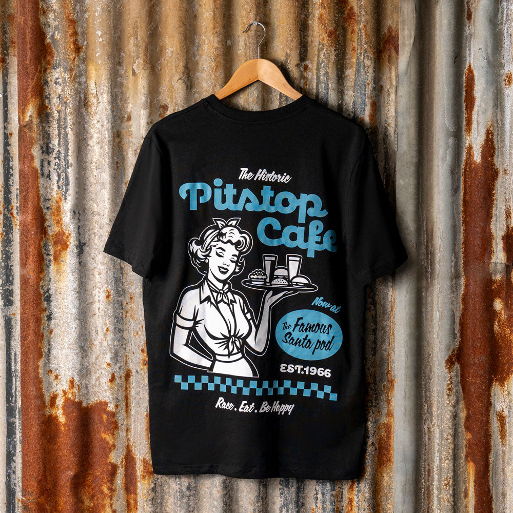 black pits stop cafe t-shirt with large graphic of 1950's waitress