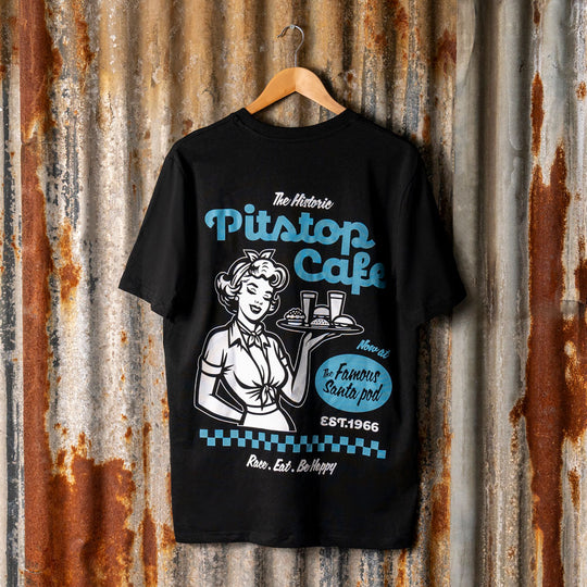 black pits stop cafe t-shirt with large graphic of 1950's waitress
