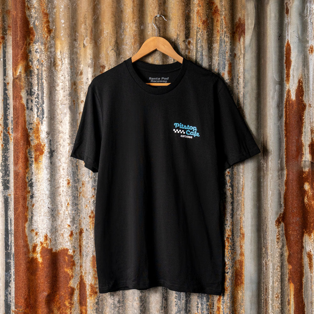 black pits stop cafe t-shirt with large graphic of 1950's waitress