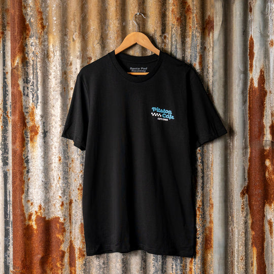 black pits stop cafe t-shirt with large graphic of 1950's waitress